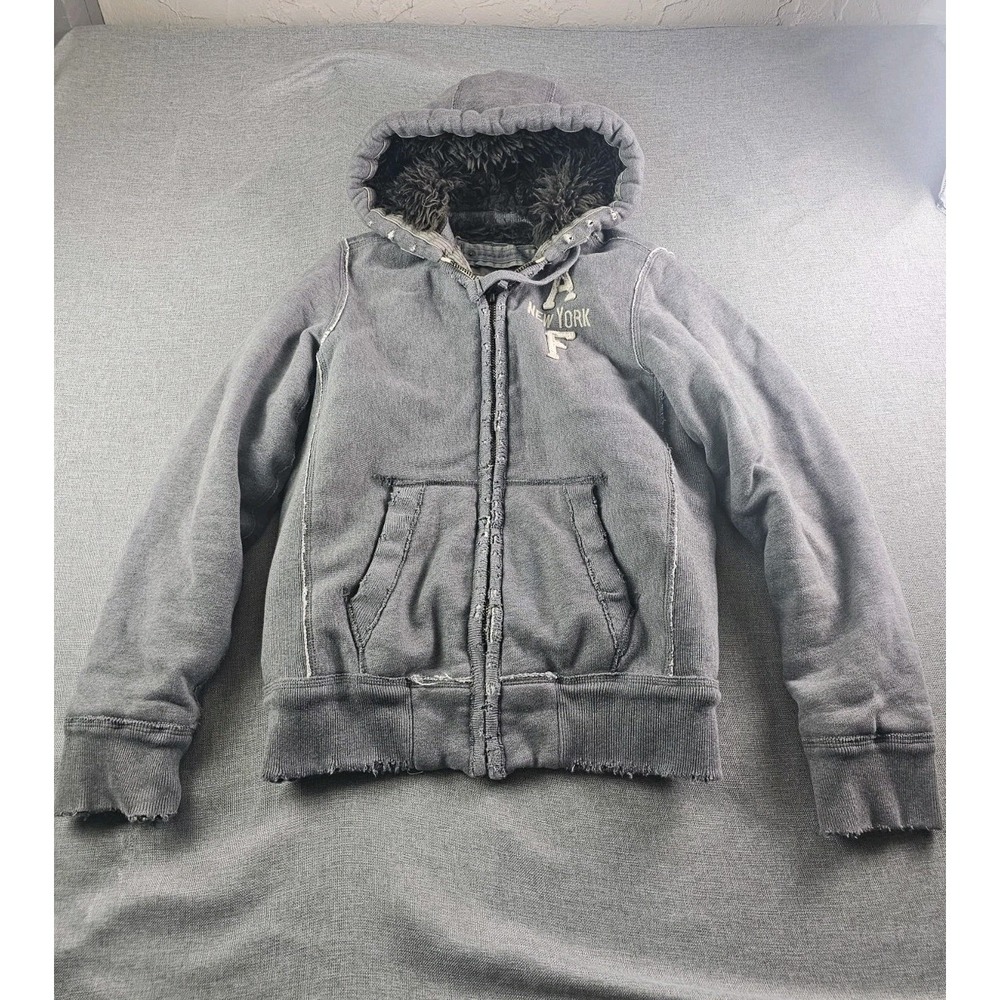 Abercrombie & Fitch Wolf Jaw Hoodie Full Zip Mens Small Bleu Faux Fur Lined  Y2K